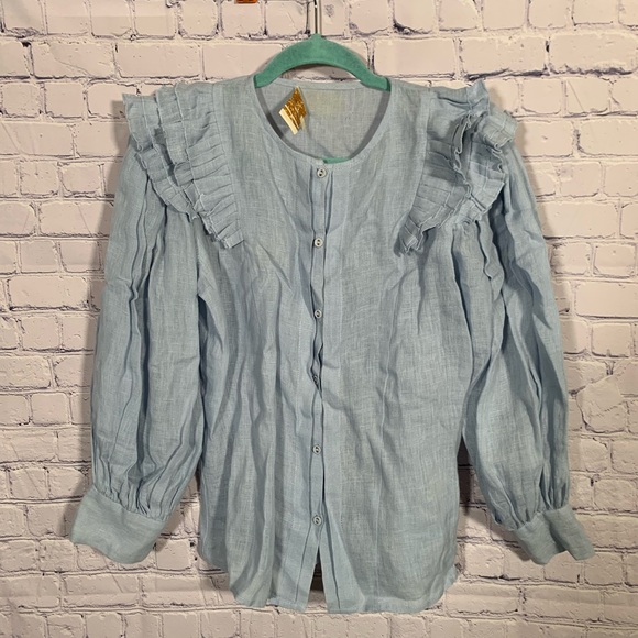 Carolina K Tops - Carolina K Womens H emp Full Button Ruffle Top Blue Size S Preppy Quiet Luxury